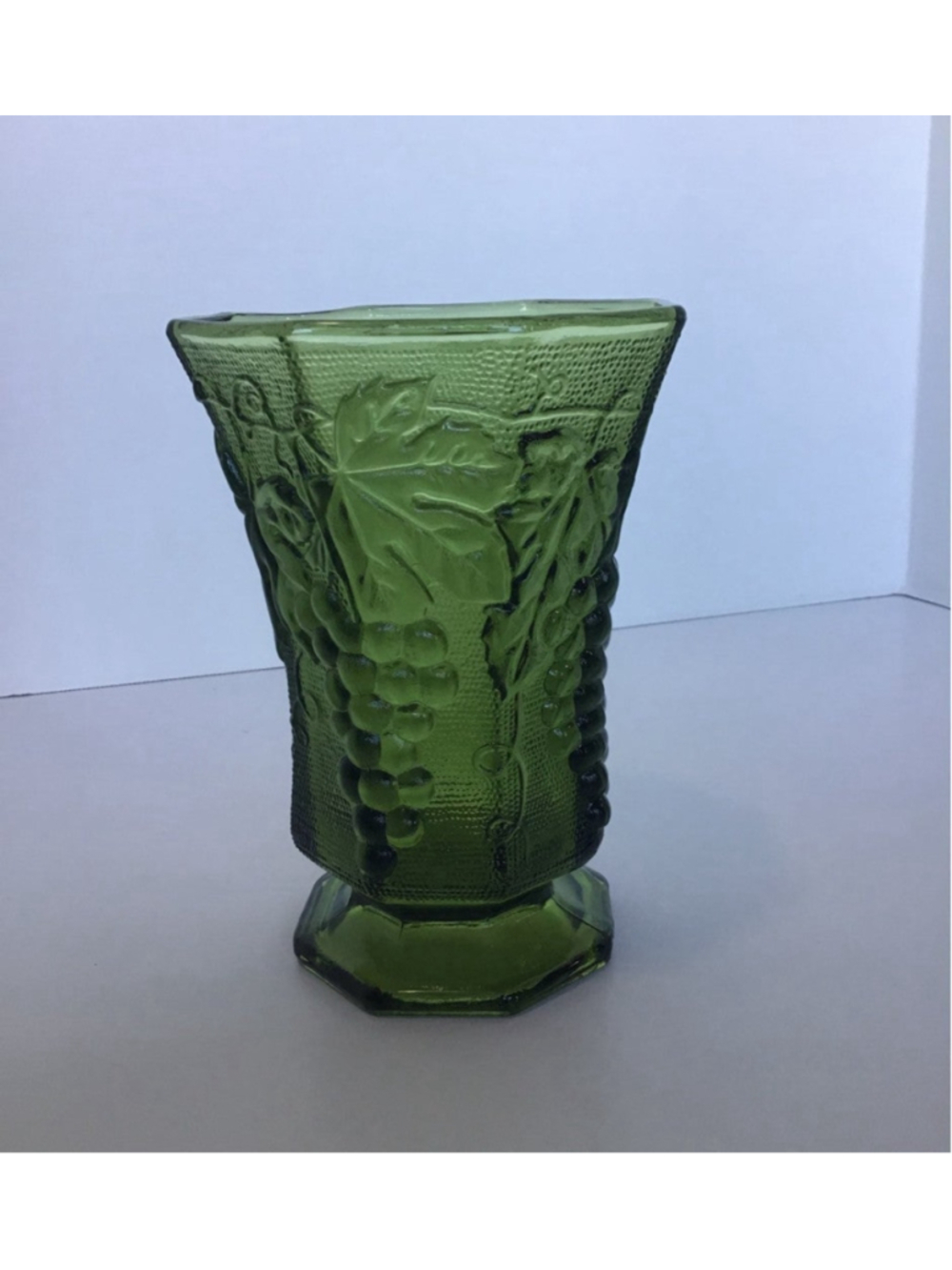 Vintage Green Anchor Hocking Vase with Grapes and Leaf Design